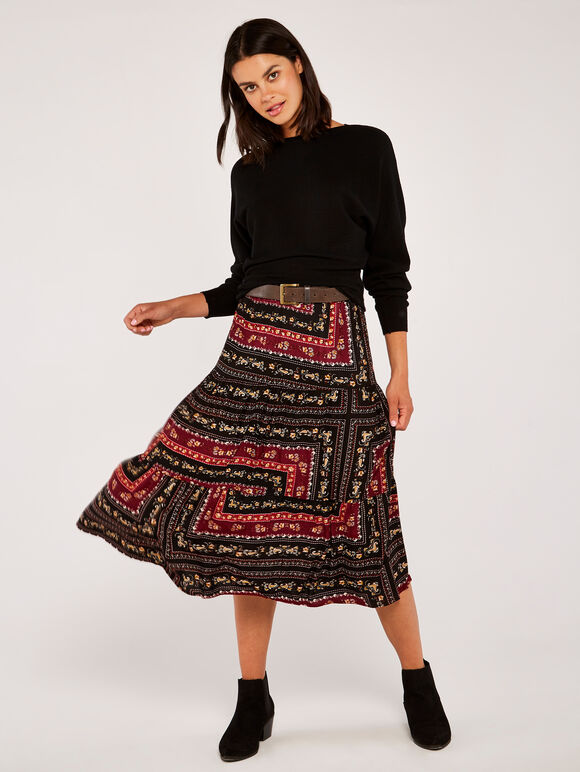 Scarf Print Skirt, Burgundy, large