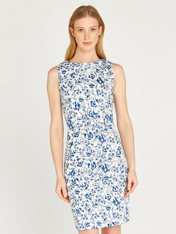 Oriental Floral Collared Dress, Cream, large