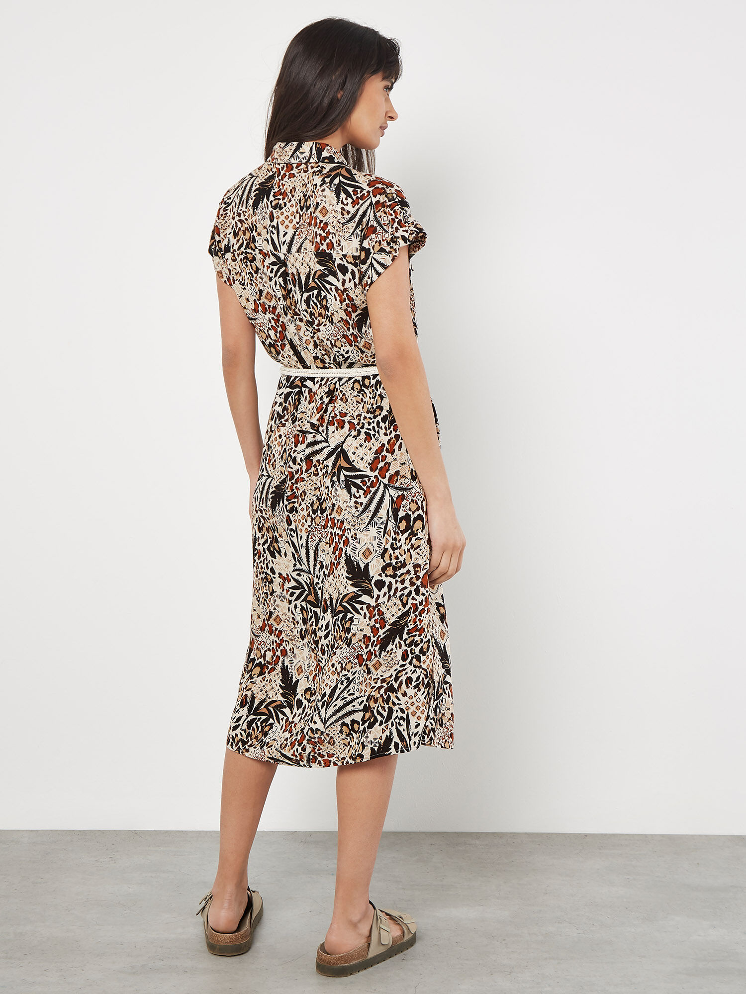 Mixed Animal Print Shirt Midi Dress Apricot Clothing