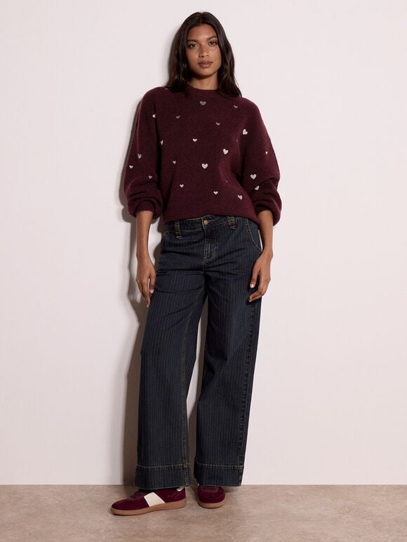 Embroidered Heart Jumper, Plum, large