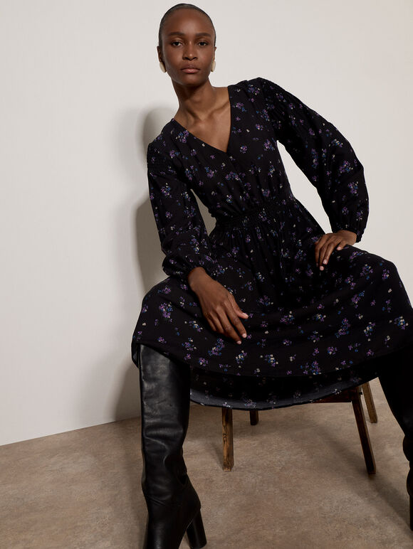 Vintage Floral Smocked Midi Dress, Black, large