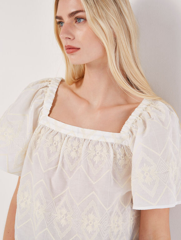 Chevron Embroidered Blouse, Cream, large