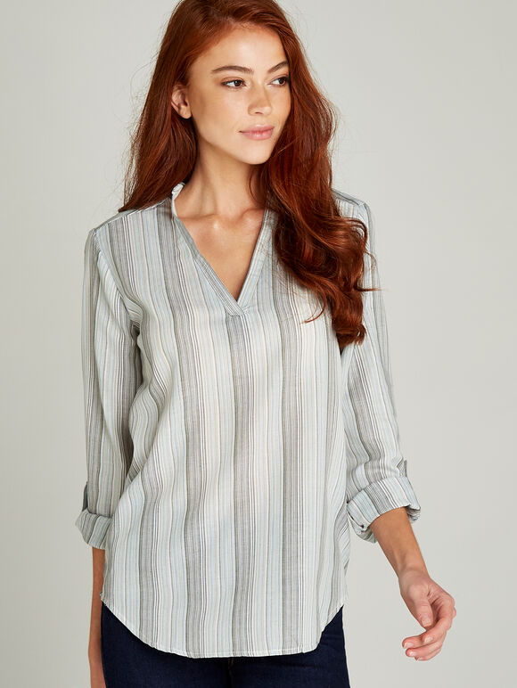 Green Striped Turn Up Sleeve Shirt, Green, large