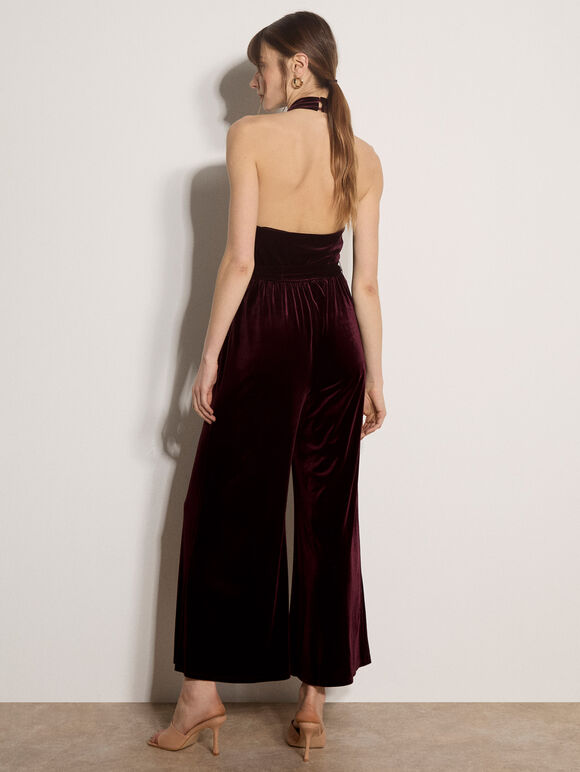 Velvet Cowl Neck Jumpsuit, Burgundy, large