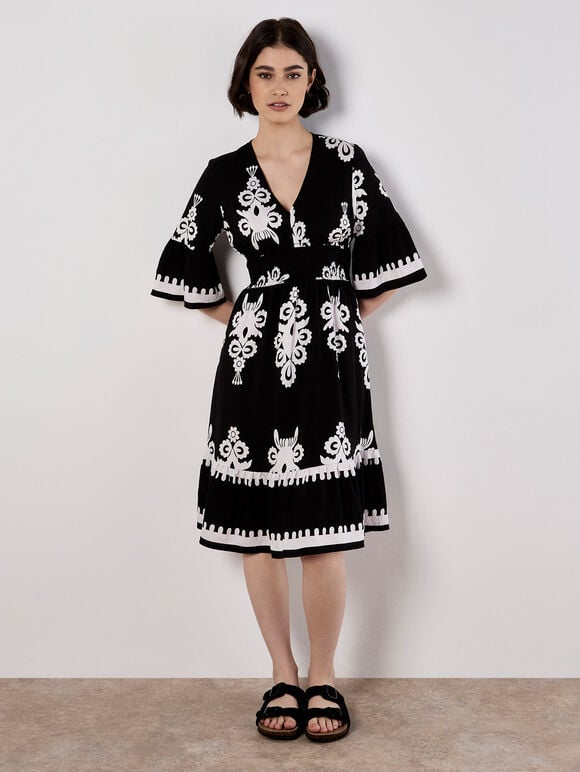 Floral Baroque Smocked Mini Dress, Black, large