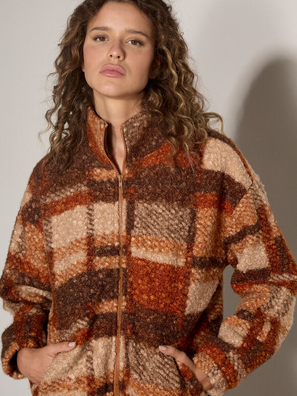 Soft Boucle Check Jacket, Brown, large