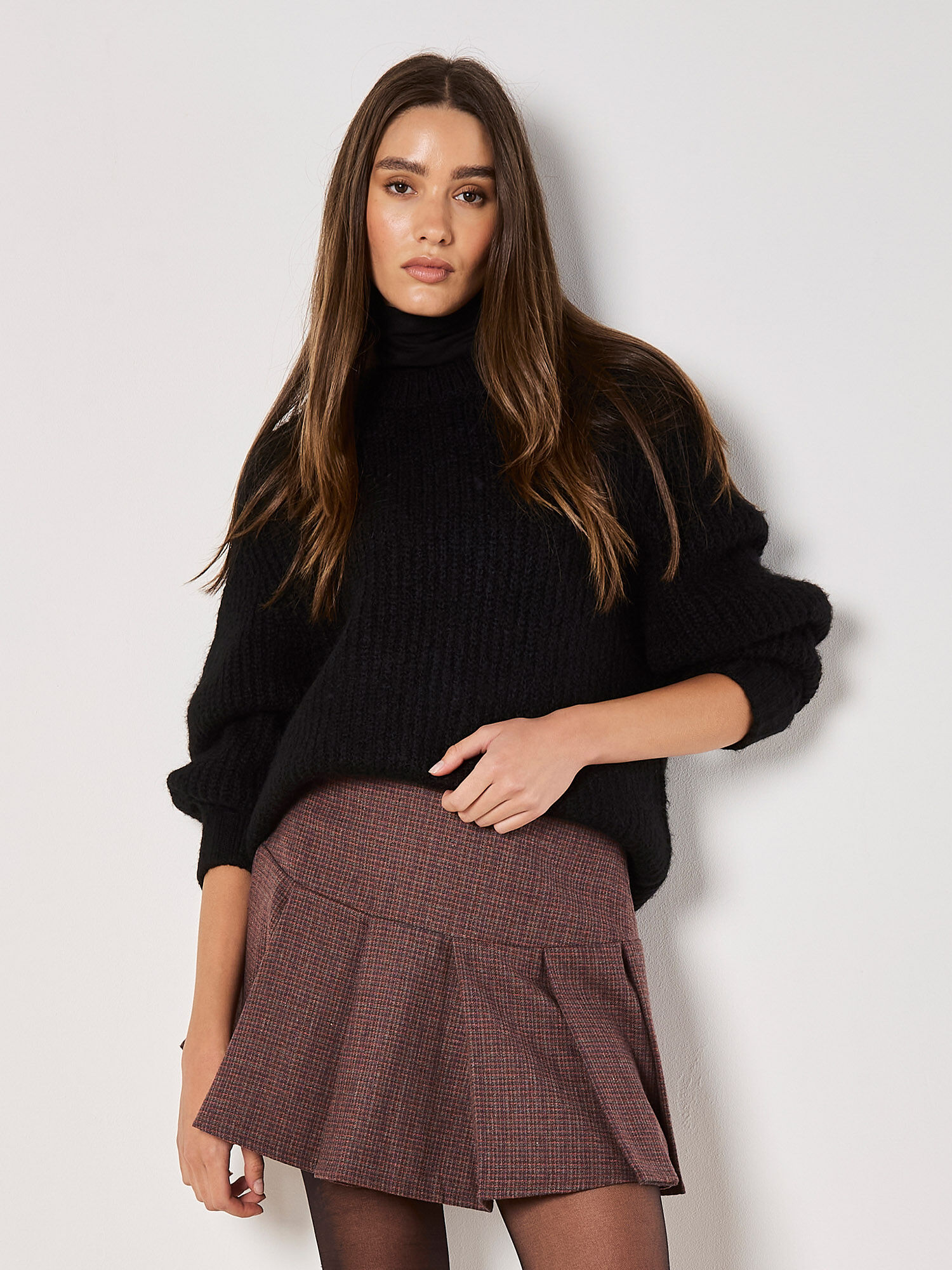 Check Pleated Mini Skirt Apricot Clothing