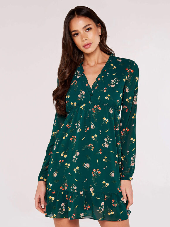 Botanical Ruffle Mini Dress, Green, large