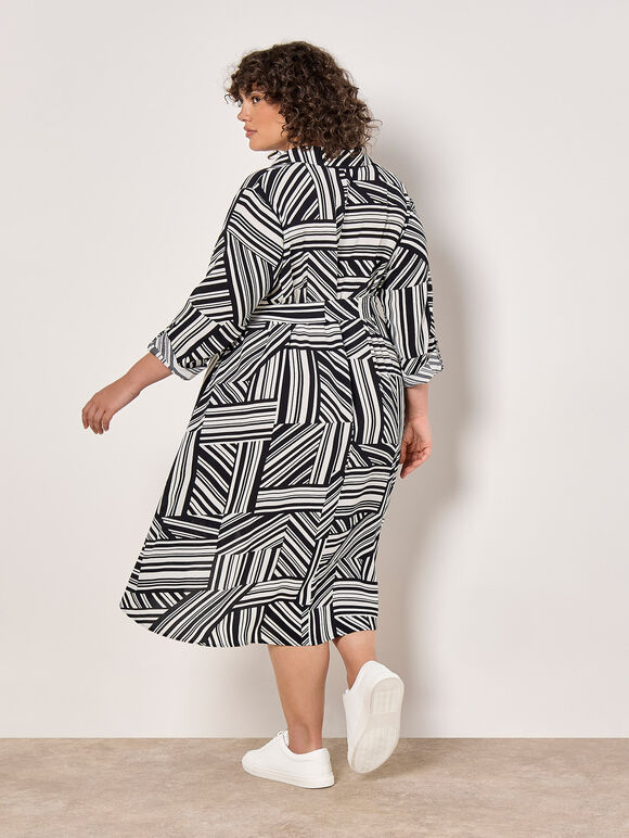 Curve Geo Lines Shirt Midi Dress, White, large