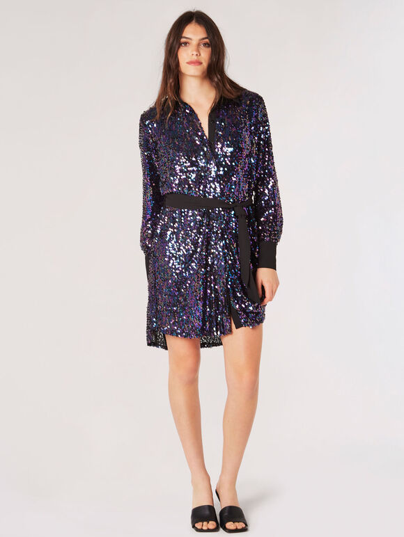 Sequin Shirt Mini Dress, Black, large