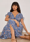 Ditsy Floral Button-Down Midi Dress, Blue, large