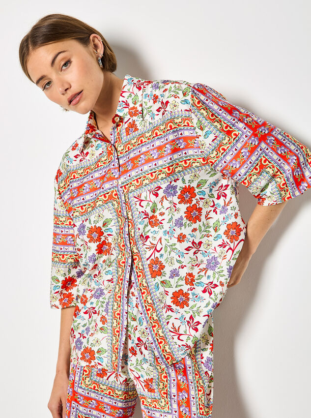 Floral Scarf Print Satin Shirt, Orange, large
