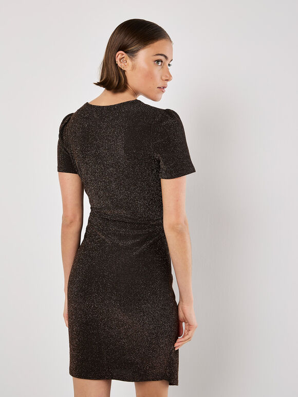 Metallic Bodycon Wrap Mini Dress, Brown, large