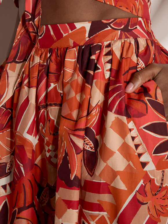 Tropical Leaf Patchwork Midi Skirt, Red, large