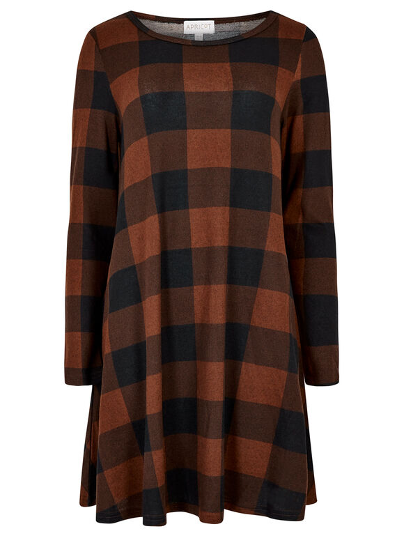 Gingham Long Sleeve Swing Dress, Rust, large