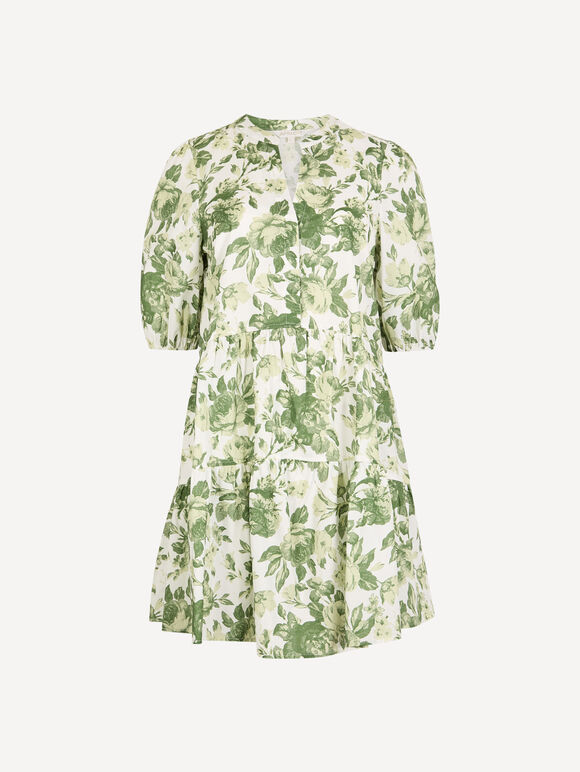 Floral Print Cotton Mini Dress, Green, large