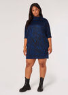 Curve Button Neck Zebra Mini Dress, Blue, large
