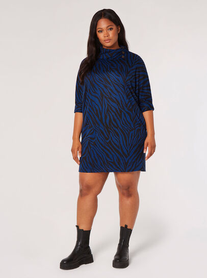 Curve Button Neck Zebra Mini Dress