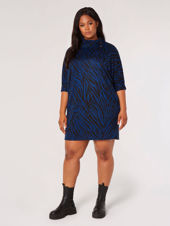 Curve Button Neck Zebra Mini Dress, Blue, large