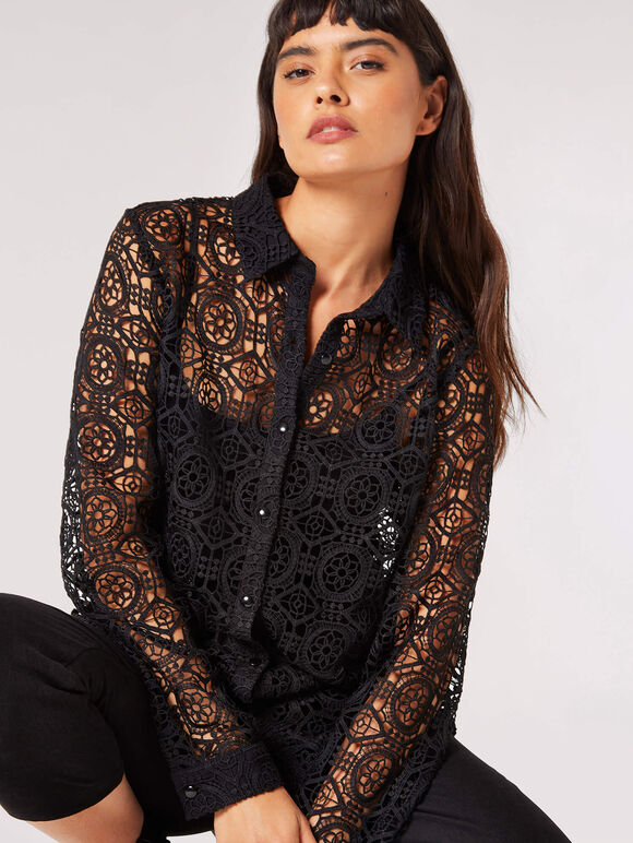 Geometric Guipure Lace Shirt, Black, large
