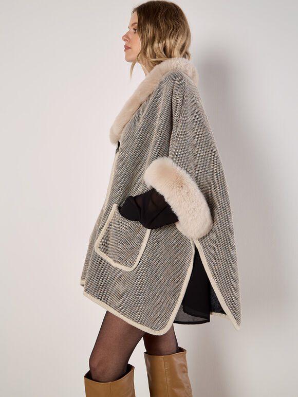 Heritage Texture Faux Fur Lined Cape, Stone, large
