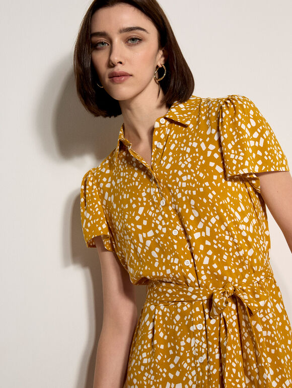 Scattered Squares Shirt Mini Dress, Mustard, large