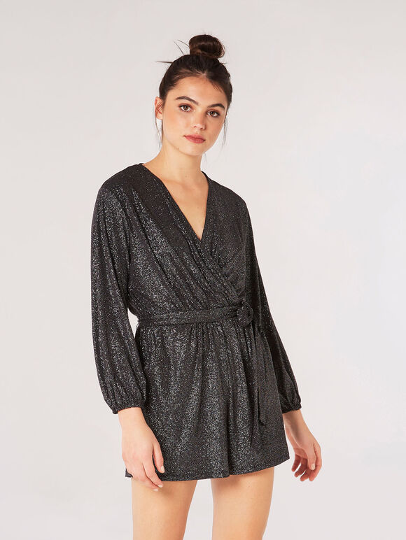 Metallic Shimmer Wrap Playsuit , Silver, large