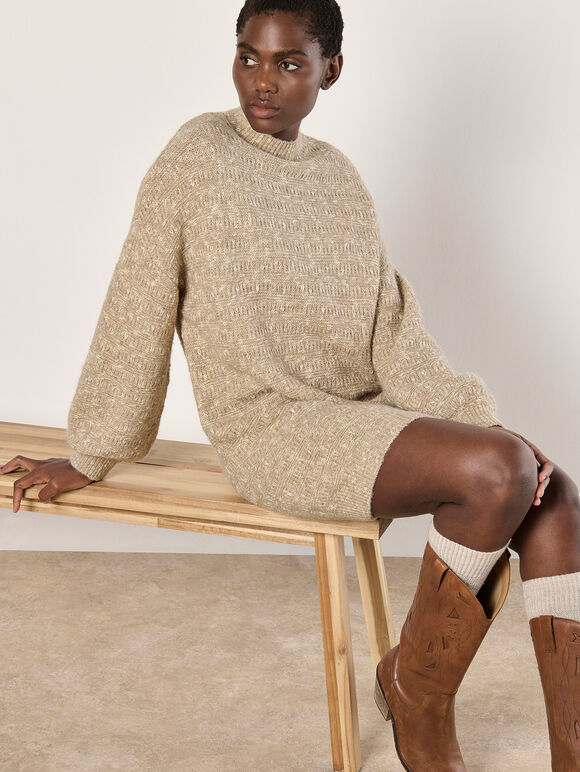 Flecked Knit Jumper Mini Dress, Stone, large
