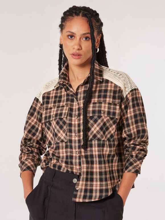 Crochet Detail Cropped Checked Shirt, Black, large