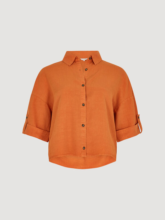 Woven Cropped Shirt, Orange, large