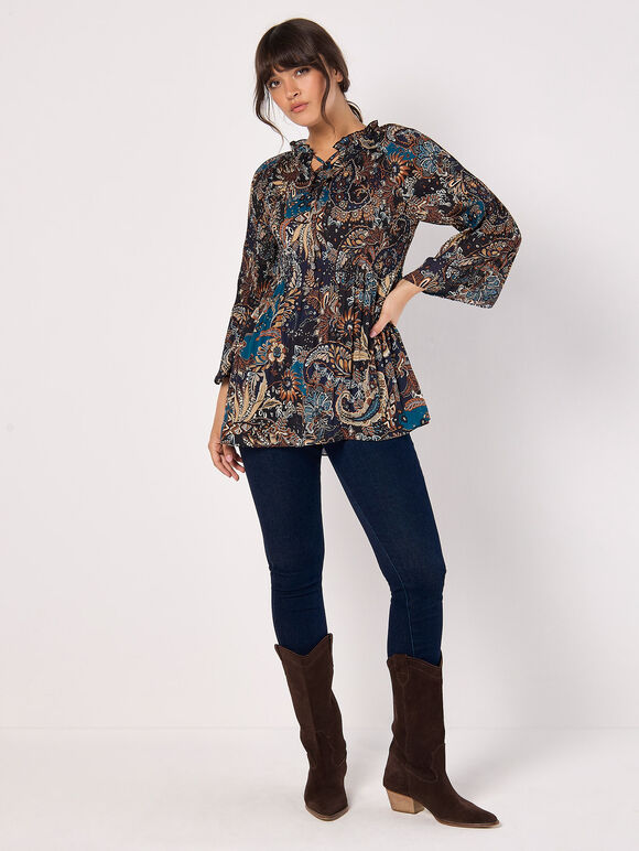 Paisley Plisse Top, Teal, large