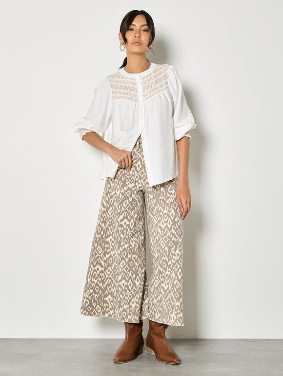 Wavy Embroidered Smocked Blouse, White, large