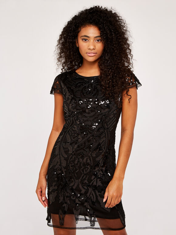 Embellished Mesh Mini  Dress, Black, large