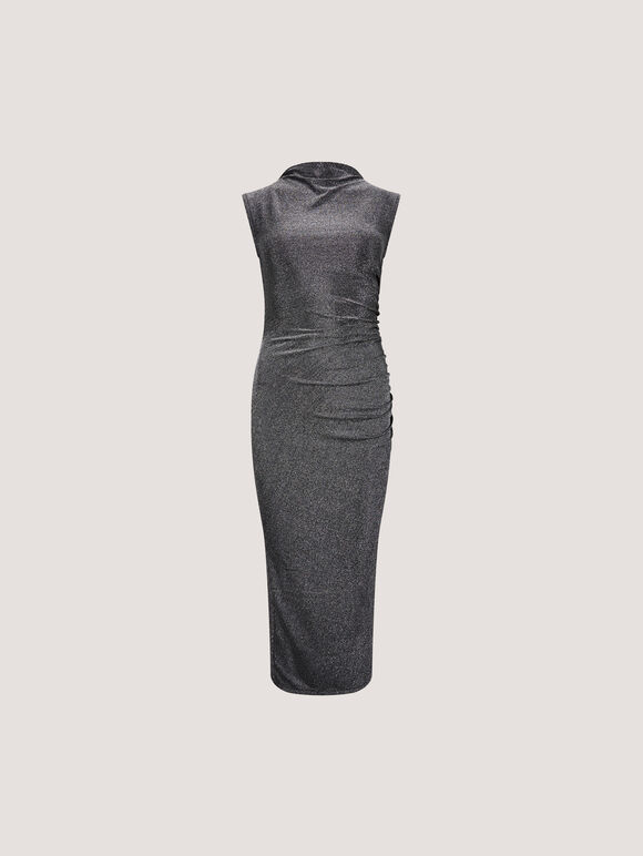 Glitter Ruched Bodycon Midaxi Dress, Silver, large