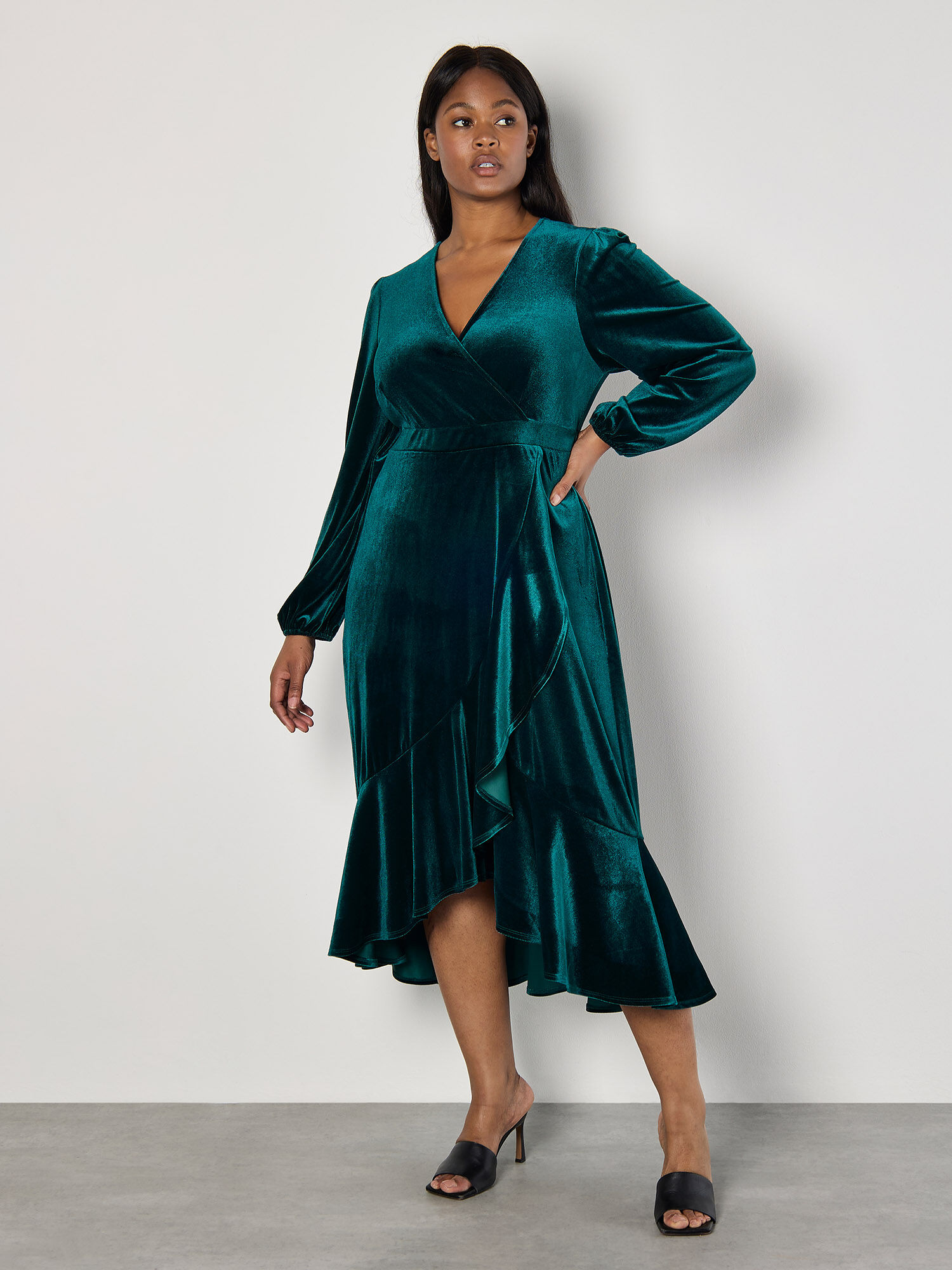 Curve Velvet Wrap Midi Dress Apricot Clothing