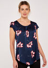 Large Flower Satin Tulip Top, Navy, large