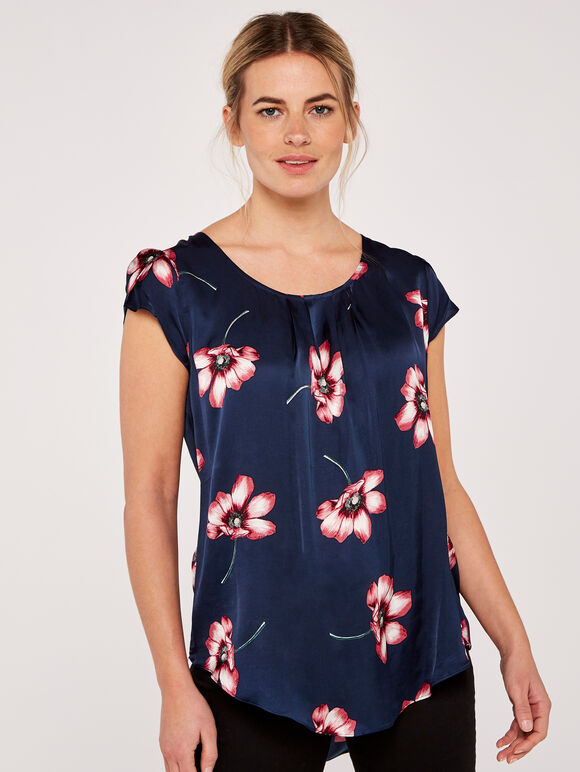 Large Flower Satin Tulip Top, Navy, large