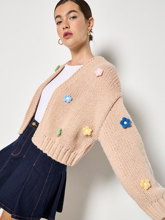 Applique Daisies Chunky Knit Cardigan, Stone, large