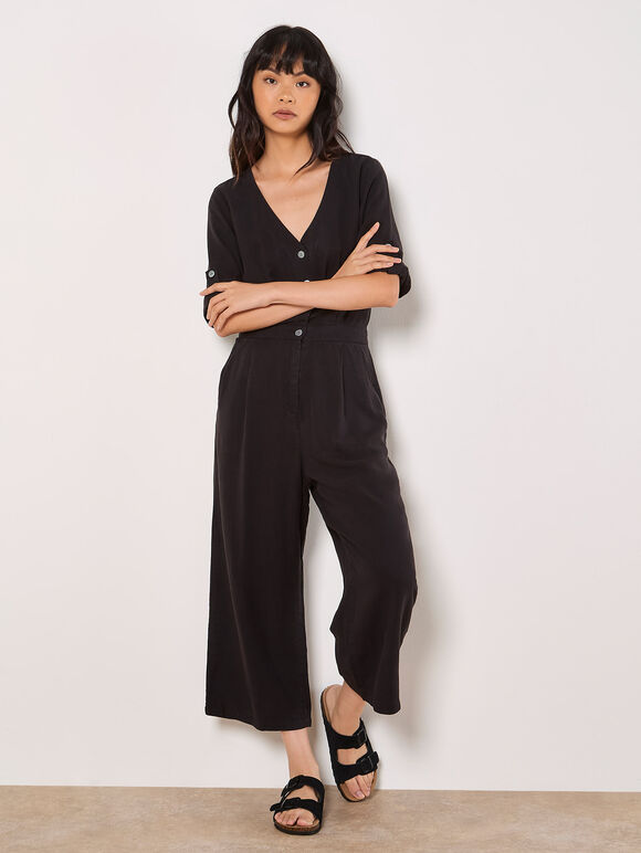 Wide Leg Culotte Jumpsuit, Black, large