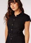 Linen Blend Belted Shirt Midi Dress, Black, large