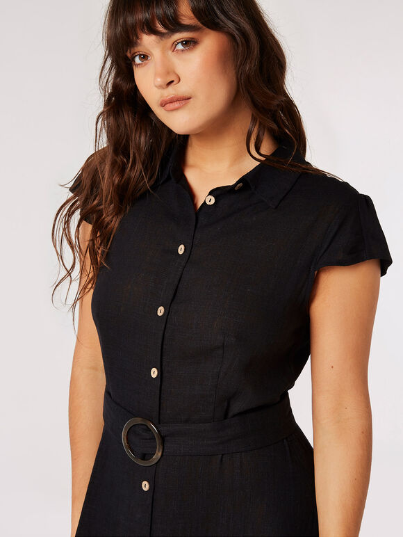 Linen Blend Belted Shirt Midi Dress, Black, large