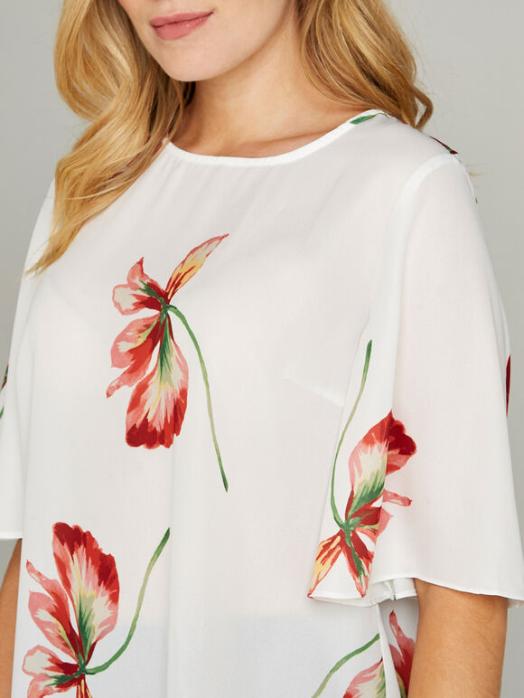 Red Kimono Sleeve Scattered Flower Top, Orange, large