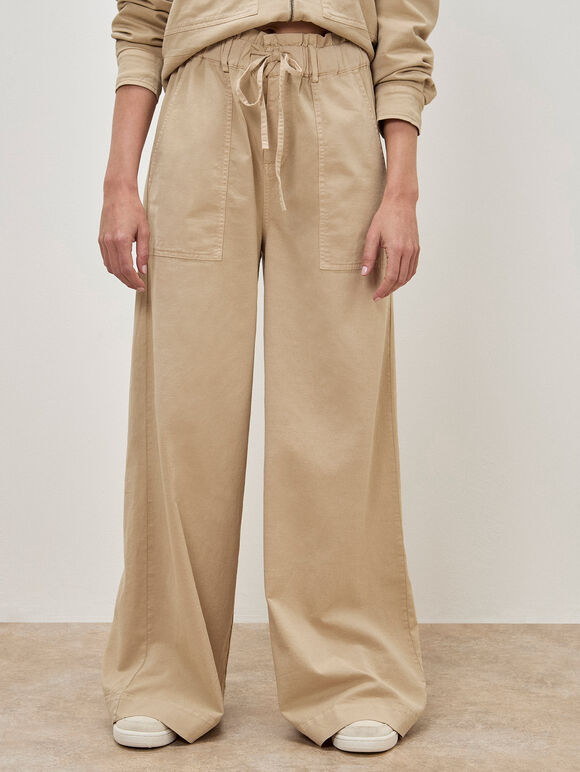 Paper Bag Waist Wide Leg Trousers, Stone, large
