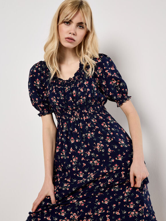 Ditsy Floral Milkmaid Midi Dress, Navy, large