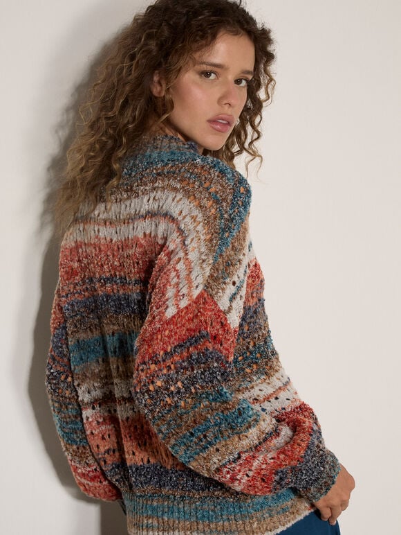 Open Knit Multi-Coloured Oversized Jumper, Teal, large