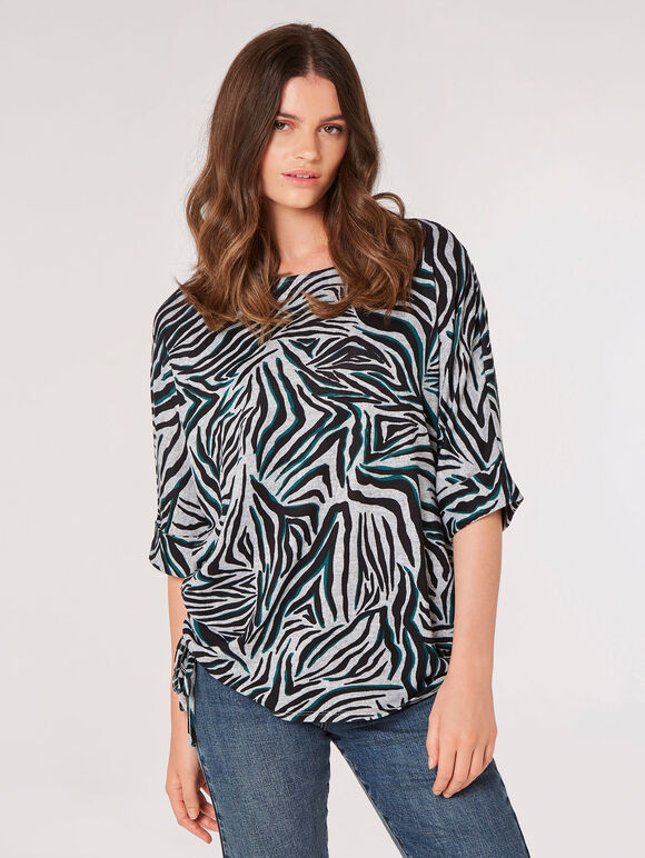 Zebra Print Ruched Side Top, Grey, large