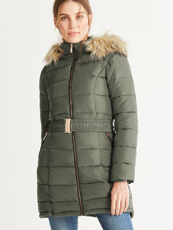 Longline Faux Fur Hood Puffer Jacket, Khaki, large