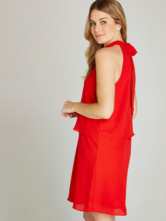 Halter Neck Layered Shift Dress, Red, large