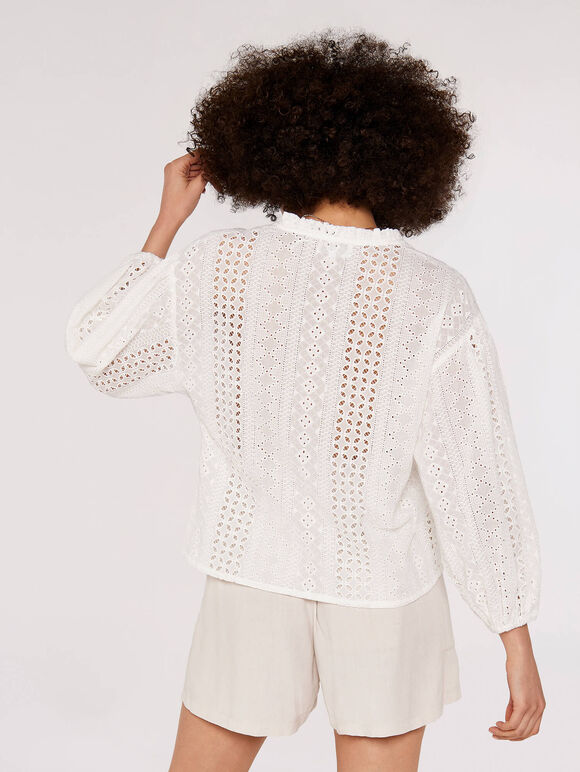 Broderie Puff Sleeve Shirt, Cream, large