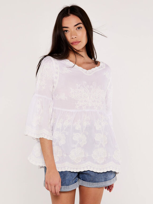 Embroidered Bell Sleeve Top, White, large